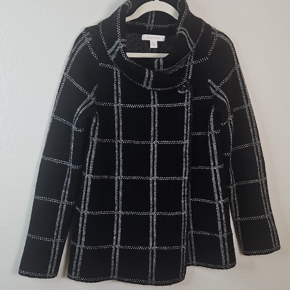 Ellen Tracy Black & White Windowpane Knit Jacket Coat Women’s Size L